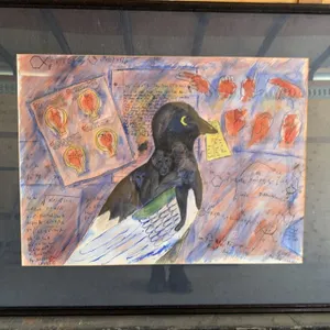 Framed Mixed Media Artwork with Bird and Diag