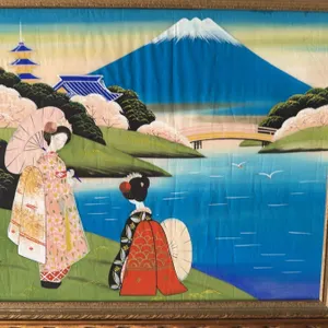 1950s Japanese Silk Painting with Geishas