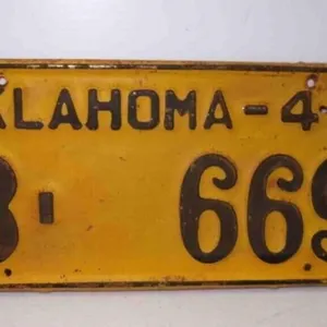 1944 Oklahoma License Plate Yellow w/Black Letters