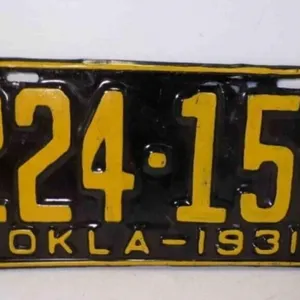 1931 Oklahoma License Plate Black w/Yellow Letters