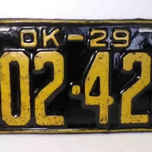 1929 Oklahoma License Plate Black w/Yellow Letters