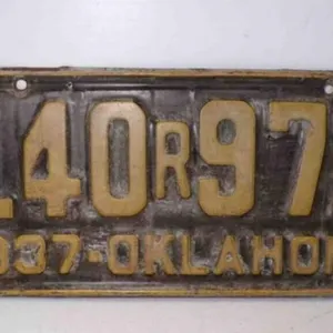 1937 Oklahoma License Plate Black w/Yellow Letters