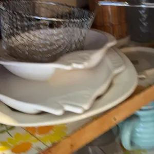 Cupboard Cleanout-Fish Plates, Baking Dishes, Storage Bags, Pampered Chef Measuring Cup, wood serving plates