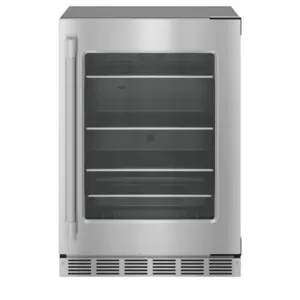 Thermador T24UR925RS 24" self-contained undercounter glass door refrigerator. Features a right-hinged glass door, 4.9 cu. ft. capacity, and digital te