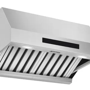 Smeg KPRU24X 24" under-cabinet range hood. Features stainless steel construction, 4-speed fan, baffle-style grease filters, and integrated cooktop lig