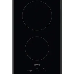 Smeg SEU122B ceramic glass 2-burner electric cooktop. Features touch controls and a black ceramic glass surface. Dimensions: 12" x 20". Electrical: 12