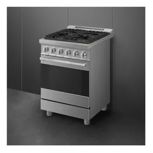 Smeg SPR24UGGX 24" gas range with oven. Features stainless steel construction, 4 burners, and black glass door. Electrical: 120V. New in box. Note: Gl