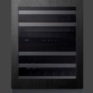 Dacor DRW24G7500AP 24" glass front under-counter built-in wine cellar. Features a panel-ready design, pull-out shelves with wood trim, and digital tem