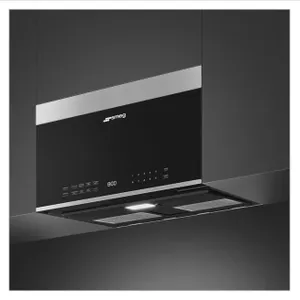 Smeg OTR24XU built-in microwave-hood combination. Features a stainless steel and black glass finish, touch controls with digital display, integrated c
