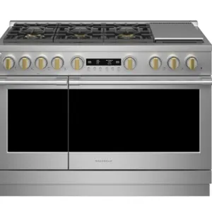 Monogram ZGP486NDTSS 48" professional gas range. Features stainless steel construction, 6 gas burners, an integrated griddle, and a double oven. Elect