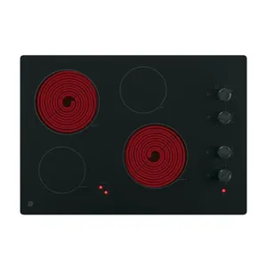 GE JP3030DWBB 30" built-in radiant electric cooktop. Features 4 radiant burner elements, knob controls, and a black-on-black finish. 30"W. Electrical: