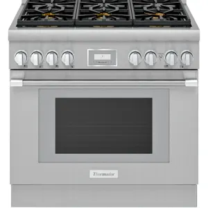 Thermador Pro Harmony PRG366WH 36" stainless steel 6-burner gas range with convection oven. Includes Thermador VTN2FZ 1000 CFM integral blower (new in