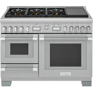 Thermador PRD48WISGU 48" Pro Grand dual-fuel range. Features a stainless steel finish, 6 gas Star burners, a Liberty induction module, and double oven