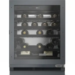 Miele KWTUS 7172 F under-counter wine chiller. Features a single glass door, built-in design, and wood-trimmed shelving. Electrical: 115V, 60Hz. 24"W.