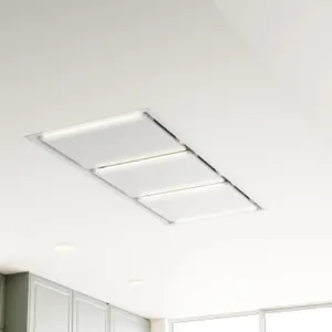 Zephyr Lux ALU-E63CWX 63" island mount range hood. Features a white finish, tri-panel perimeter design, and Zephyr Connect compatibility. Weight: 114.