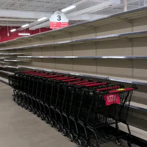 39" metal shopping cart. Features a black wire basket and frame, grey front corner protective bumpers, a folding child seat with a red plastic seat an