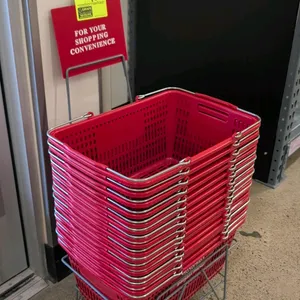 Poly shopping basket set. Includes 19"L red plastic shopping baskets with dual metal wire handles and "Grocery Outlet Bargain Market" branding. Accomp