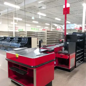 2024 Royston UL-6-55-LH-1 metal checkout lane. Features a single belt lane, under-counter storage cabinets, integrated bag stand, and a pole-mounted D
