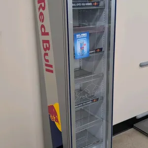 Red Bull RB-SMC 170 ECO glass door beverage cooler. Features branded graphics, a single glass display door, and adjustable wire shelves. 6'H. Electric