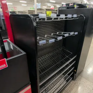 Metal portable double-sided pegboard merchandise rack. Features pegboard backing, adjustable wire shelving, and pegboard display hooks with label hold