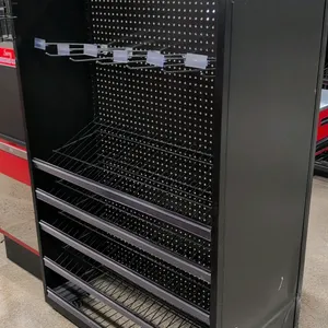 Metal portable double-sided pegboard merchandise rack. Features black powder-coated finish, pegboard backing, wire shelving with price tag channels on