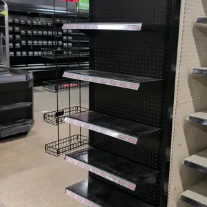 7'L of Madix end cap shelving. Includes (2) 2'W and (1) 3'W units. Features black finish, pegboard backing, 72"H uprights, and 12"D bases. Equipped wi