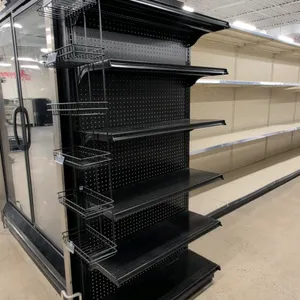 3'W Madix end cap shelving unit. Features a black finish, pegboard backing, 12"D base shelf, and 72"H uprights. Includes 5 upper shelves and 6 wire si