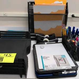 Office supply lot. Includes (4) black poly paper trays, (3) Pen+Gear 8.5" x 11" magnetic dry erase boards, (2) tape dispensers, (1) Swingline stapler,