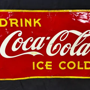 1951 COCA-COLA "DRINK COCA-COLA ICE COLD" EMBOSSED TIN SIGN 5FT X 3FT
