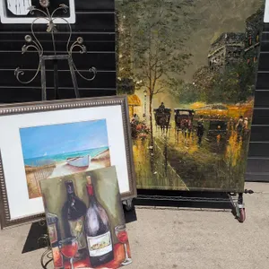 Scroll Oil Painting in Ornate Metal Frame with Ocean and Wine Art