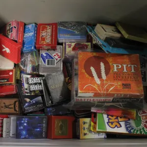 TOTE OF ASSORTED PLAYING CARDS + DICE + MORE