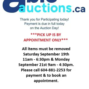 All items must be removed Saturday Sept 19th 11am - 6:30pm & Monday Sept 21st 9am - 4:30pm