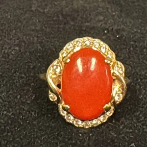 APPROX 14K LADIES RING SET WITH RED CORAL & DIAMONDS (.02-.025CT, 5.6G)