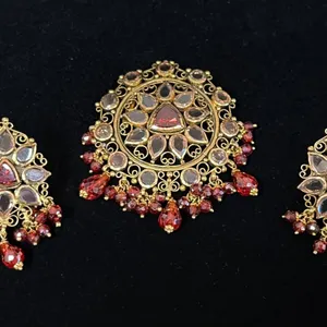 PAIR APPROX 22K EARRINGS SET WITH WHITE AND RED STONES AND ORANGE BEADS & APPROX 22K PENDANT SET