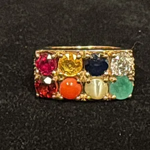 APPROX 14K LADIES RING SET WITH DIAMONDS (.01-.5CT), RUBY, SAPPHIRE, CHRYSOBERYL & EMERALD (11.6G)
