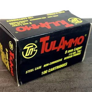 (100) Rnds. 9mm, TulAmmo 115 Gr. FMJ, Steel Case