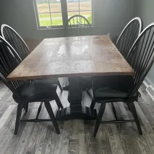 Wooden kitchen table set six chairs, one broken