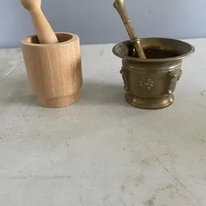 Mortar and pestle - wooden & brass