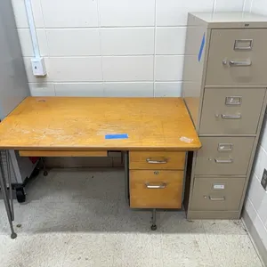 Teacers desk and filing cabinet