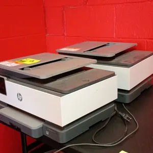 HP OfficeJet 8015e wireless all-in-one printer. Features printing, scanning, and copying capabilities, automatic document feeder, flatbed scanner, and