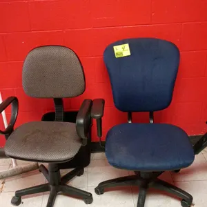 Pair of mismatched cloth office task chairs. Includes (1) gray patterned fabric chair and (1) blue fabric chair. Both feature swivel seats and 5-star 