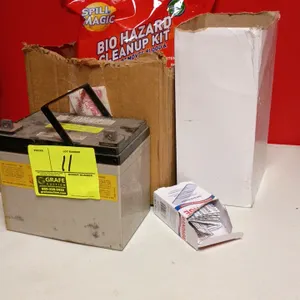Miscellaneous lot. Includes a Spill Magic Bio Hazard Cleanup Kit containing an apron, gloves, face mask, broom and dustpan, and chemical wipes. Also i