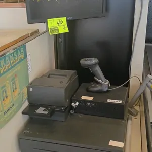 NCR and Lenovo retail POS system. Includes Lenovo ThinkCentre M70q Gen 3 Tiny PC (Intel i5-12500T, 16GB RAM), Acer V196WL monitor, NCR m/n 83-48949766