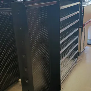 Double-sided check lane display. Features black metal construction, pegboard backings, adjustable wire shelves, and a pegboard endcap. Dimensions: 76"