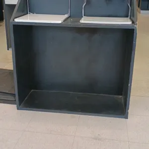 T-shirt bag holder stand. Features black laminate wood construction with an open lower storage compartment. Equipped with two chrome wire T-shirt bag 