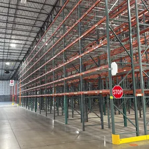 Interack pallet racking. Features 3.5" cross bars and wire decking with approximately 7-decks per section. Dimensions: 8'L x 3'8"W x 26'H. Note: Conte