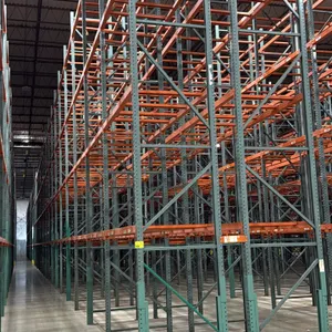 Interack pallet racking lineup. Includes (66) 8', (2) 6', and (4) 12' sections. Dimensions: 3'8"D x 26'H. Features 3.5" cross bars with approximately 