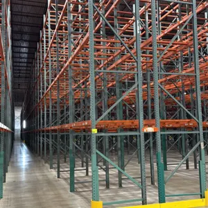 Interack pallet racking system. Includes (66) 8' beams, (2) 6' beams, and (4) 12' beams with 3.5" cross bars. Upright frames measure 3'8"D x 26'H. Fea