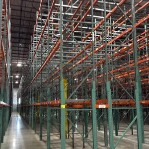 Interack pallet racking system. Includes (66) 8', (2) 6', and (4) 12' beam levels with 3.5" cross bars. Uprights measure 3'8"D x 26'H. Features approx