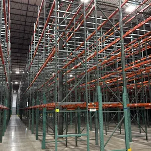 588'L of Interack pallet racking. Includes (66) 8'L, (2) 6'L, and (4) 12'L bays. Uprights measure 3'8"D x 26'H. Features 3.5" cross bars with approxim